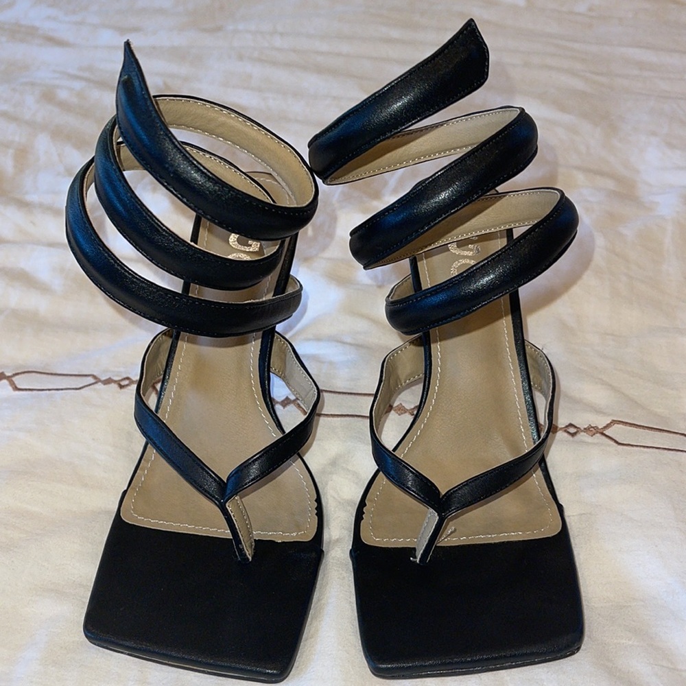 EGO Black Square Toe Lace Up Thong Heels